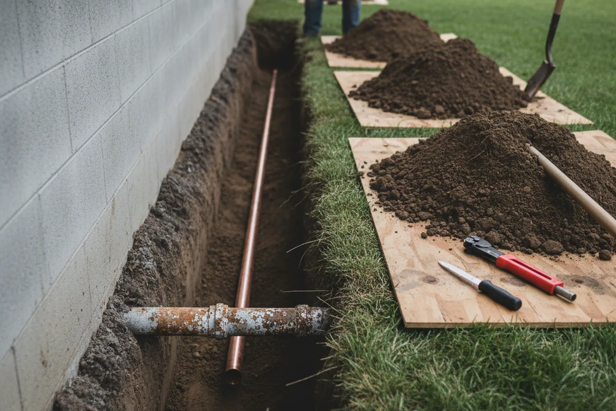 Excavated water line trench during Water Softener Installation in Brave